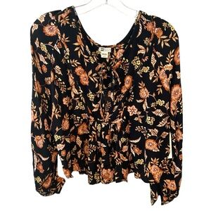 NWT Billabong Women's Black Desert Daze Tie Neck Floral Print Top in Size S